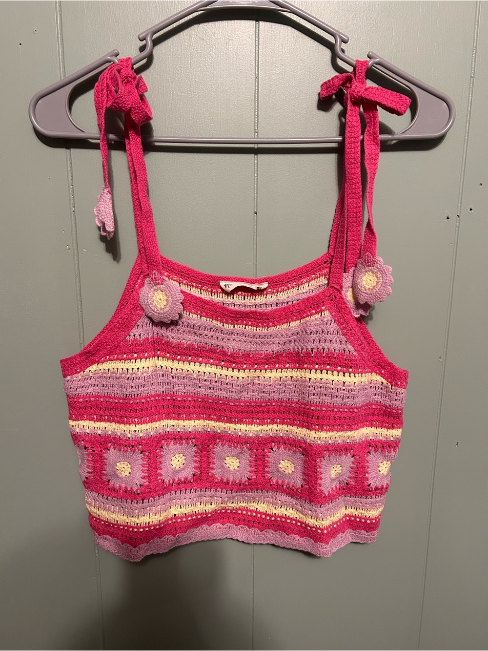 Crocheted Tie-Shoulder Tank Top in Hot Pink and Lilac